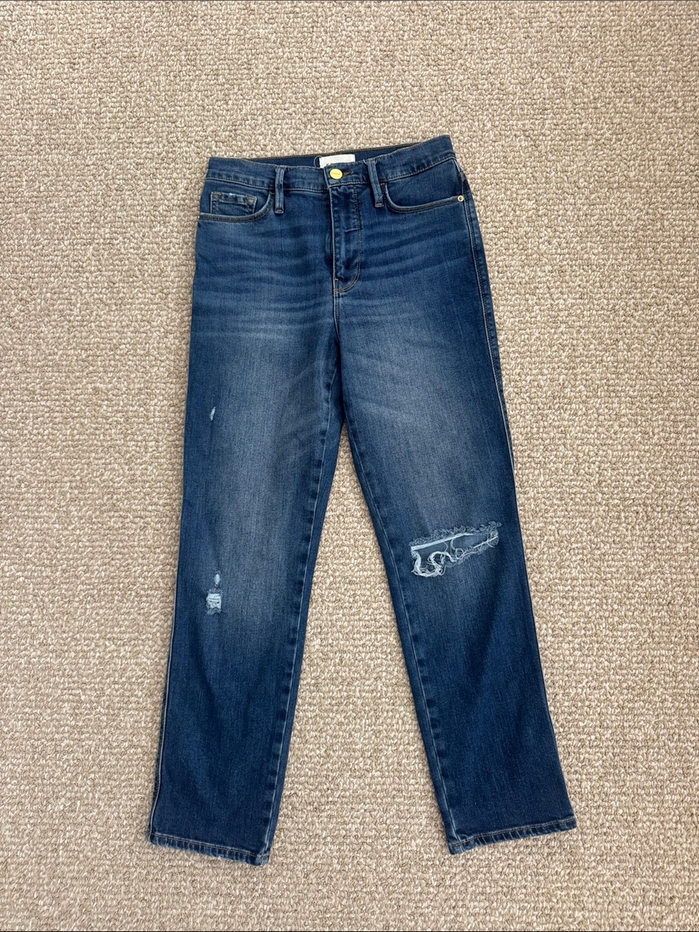 Frame Denim Medium Wash Skinny Jeans with Knee Distress